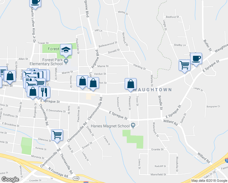 map of restaurants, bars, coffee shops, grocery stores, and more near 1345 Waughtown Street in Winston-Salem