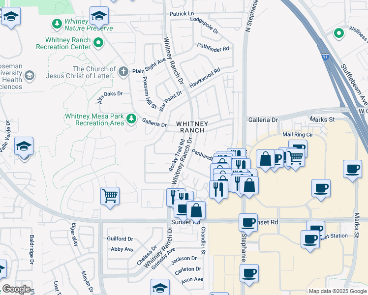 map of restaurants, bars, coffee shops, grocery stores, and more near 744 Rocky Trail Road in Henderson