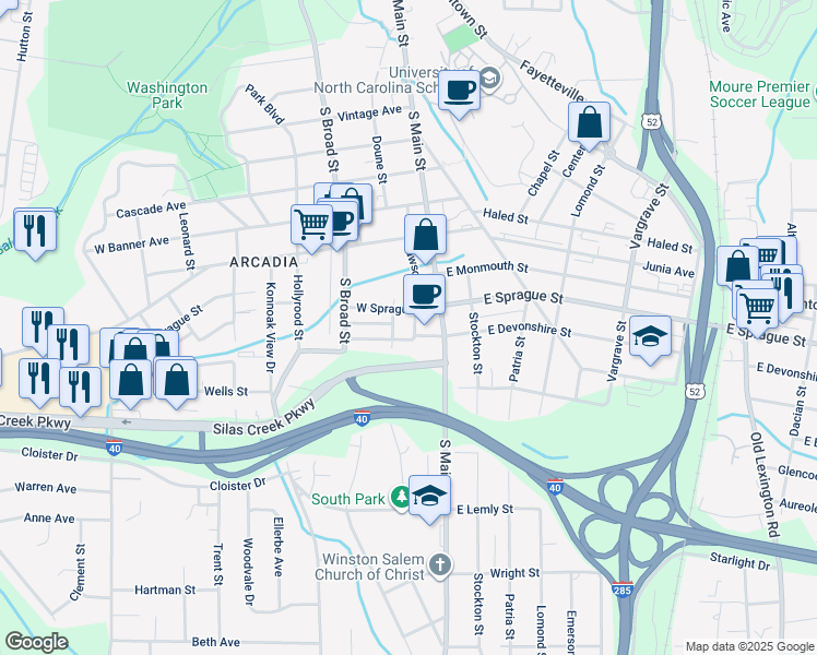map of restaurants, bars, coffee shops, grocery stores, and more near 27 Southwest Devonshire Street in Winston-Salem