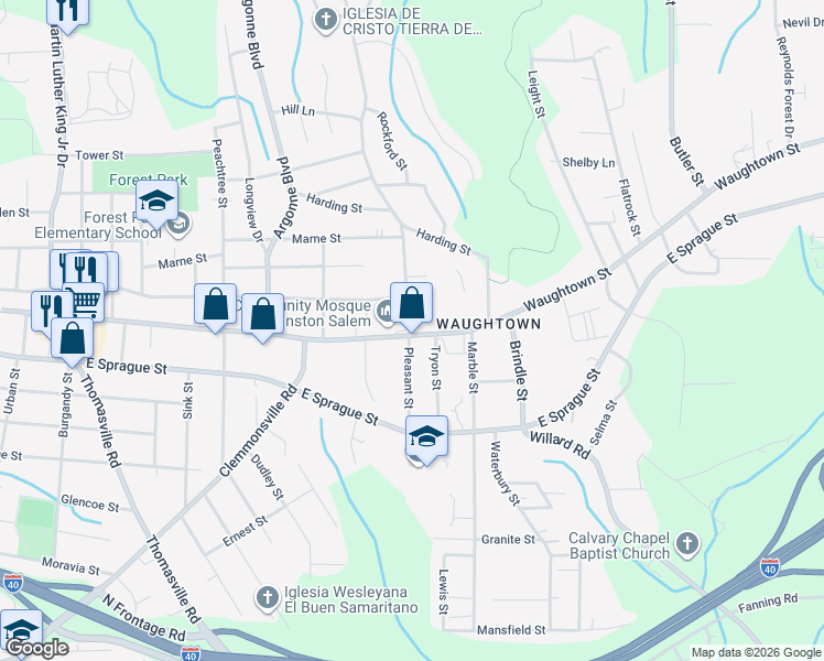 map of restaurants, bars, coffee shops, grocery stores, and more near 1501 Waughtown Street in Winston-Salem