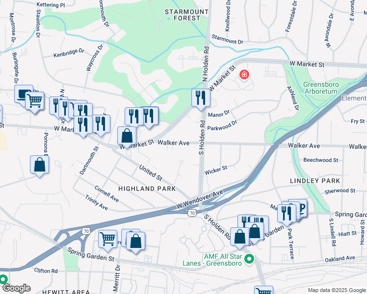 map of restaurants, bars, coffee shops, grocery stores, and more near 4109 Walker Avenue in Greensboro