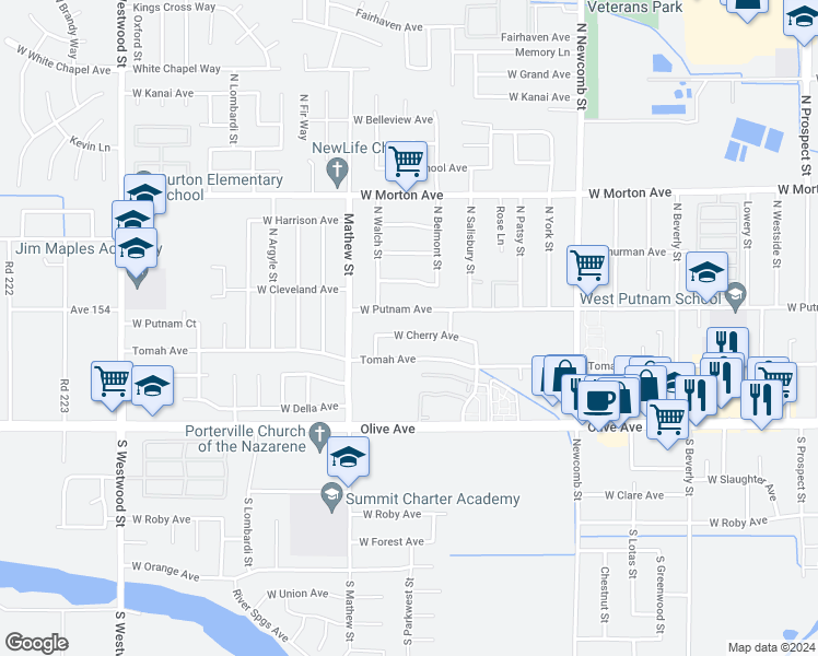 map of restaurants, bars, coffee shops, grocery stores, and more near 1898 West Cherry Avenue in Porterville