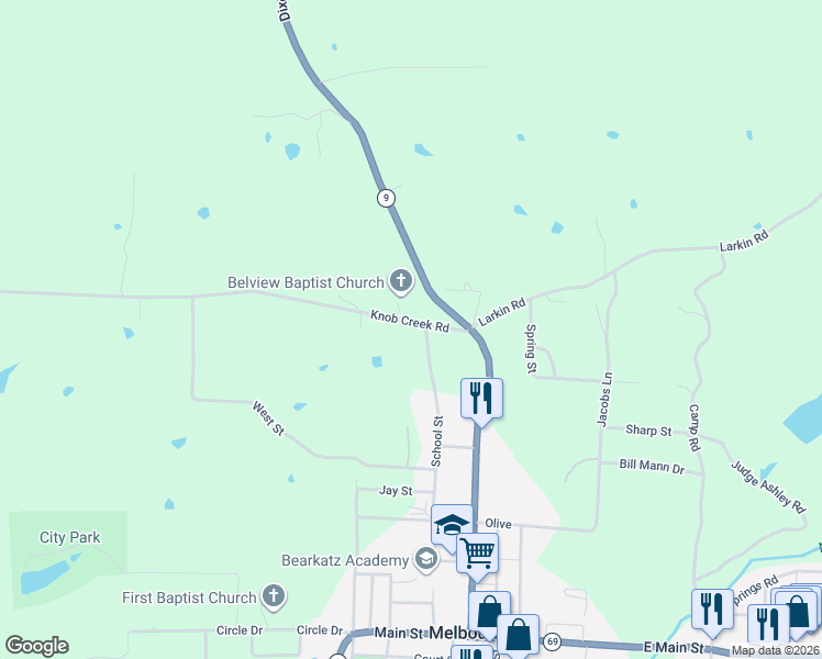 map of restaurants, bars, coffee shops, grocery stores, and more near 130 Knob Creek Road in Melbourne