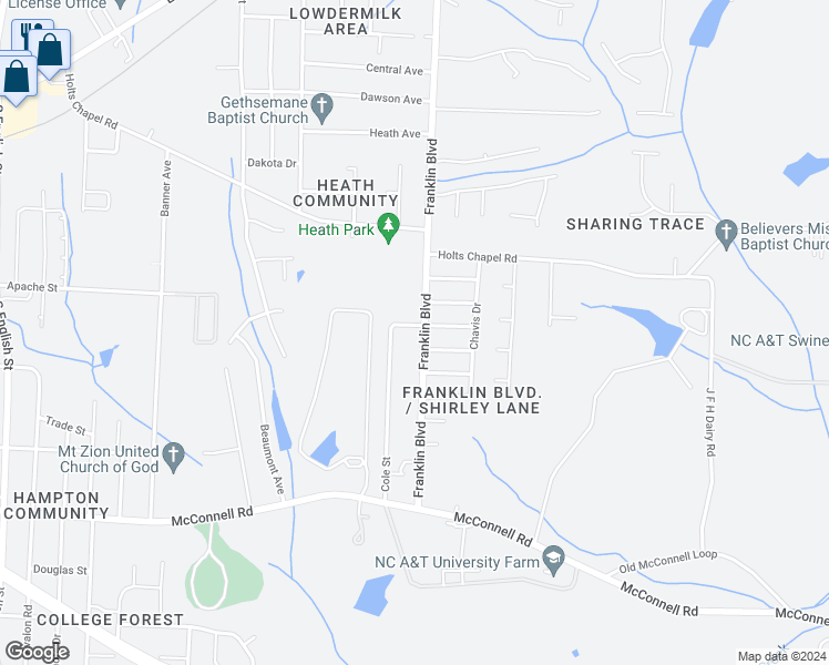 map of restaurants, bars, coffee shops, grocery stores, and more near 700 Franklin Boulevard in Greensboro