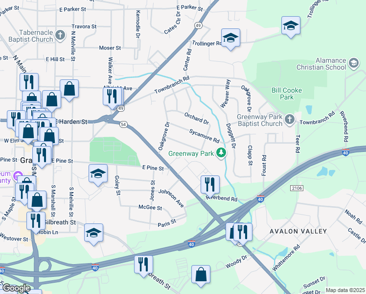 map of restaurants, bars, coffee shops, grocery stores, and more near 711 Brookgreen Terrace in Graham