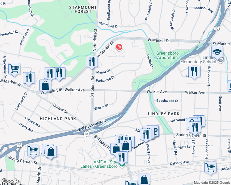 map of restaurants, bars, coffee shops, grocery stores, and more near 3901 Walker Avenue in Greensboro