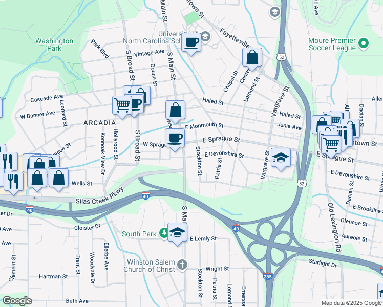 map of restaurants, bars, coffee shops, grocery stores, and more near 3 East Devonshire Street in Winston-Salem