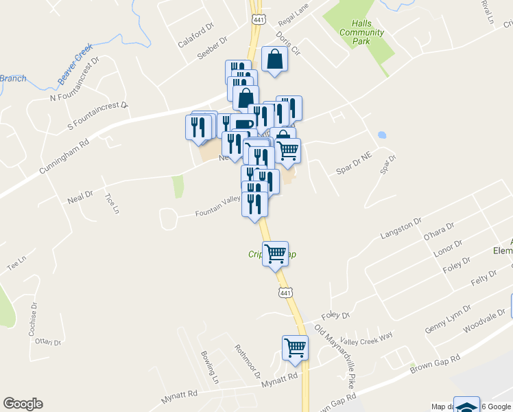 map of restaurants, bars, coffee shops, grocery stores, and more near 6724 Maynardville Pike in Knoxville