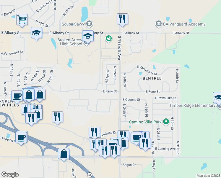 map of restaurants, bars, coffee shops, grocery stores, and more near 2204 East Reno Street in Broken Arrow