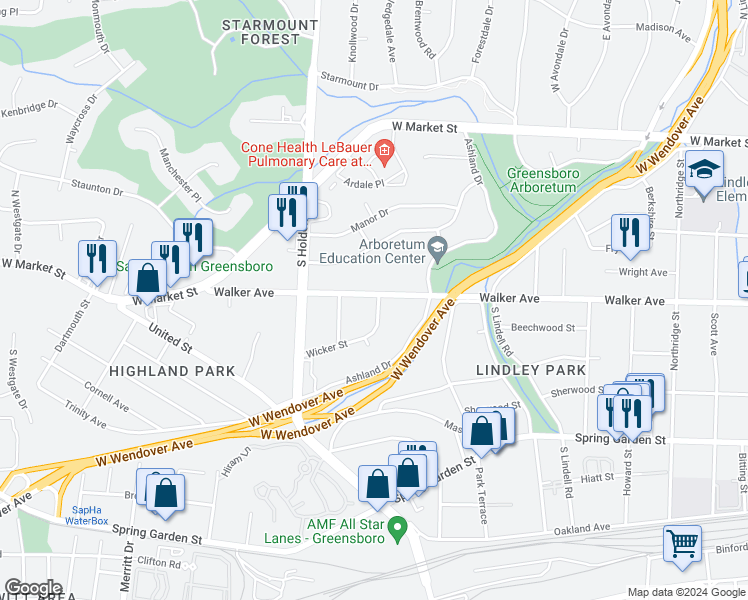 map of restaurants, bars, coffee shops, grocery stores, and more near 3901 Walker Avenue in Greensboro