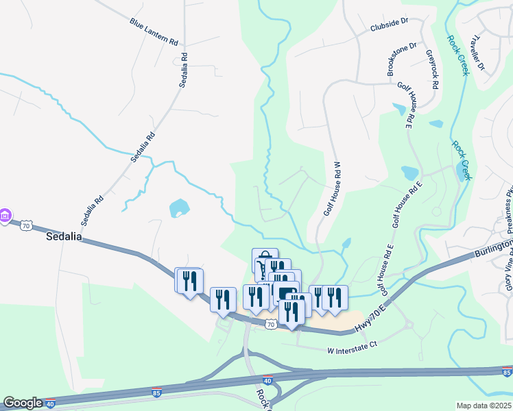 map of restaurants, bars, coffee shops, grocery stores, and more near 901 Creek Crossing Trail in Whitsett