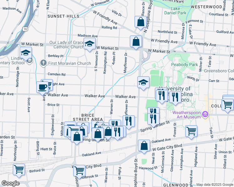 map of restaurants, bars, coffee shops, grocery stores, and more near in Greensboro