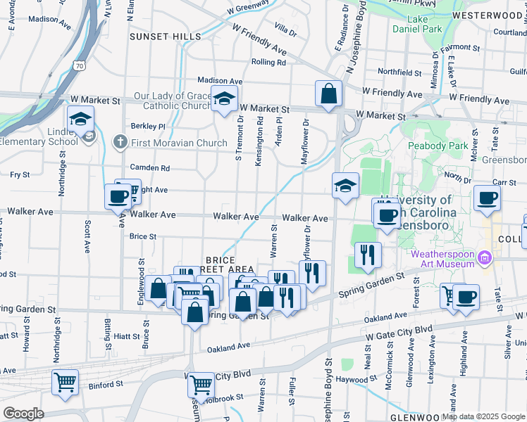 map of restaurants, bars, coffee shops, grocery stores, and more near 1806 Walker Avenue in Greensboro