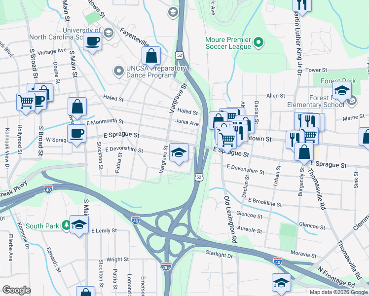 map of restaurants, bars, coffee shops, grocery stores, and more near 430 East Sprague Street in Winston-Salem