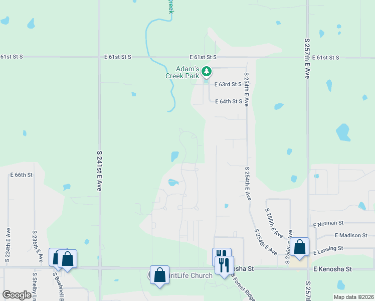 map of restaurants, bars, coffee shops, grocery stores, and more near 6522-6534 South 250th East Avenue in Broken Arrow