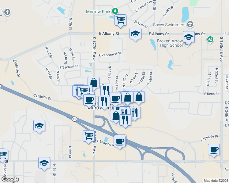 map of restaurants, bars, coffee shops, grocery stores, and more near 1704 12th Street East in Broken Arrow