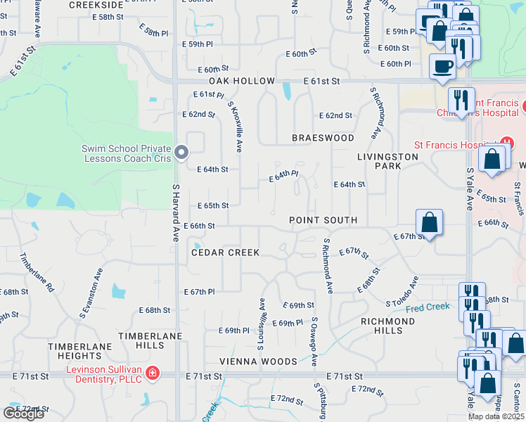 map of restaurants, bars, coffee shops, grocery stores, and more near 3732 East 64th Place in Tulsa