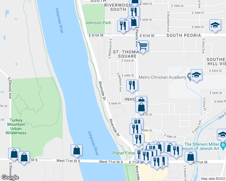 map of restaurants, bars, coffee shops, grocery stores, and more near 6518 South Newport Avenue in Tulsa
