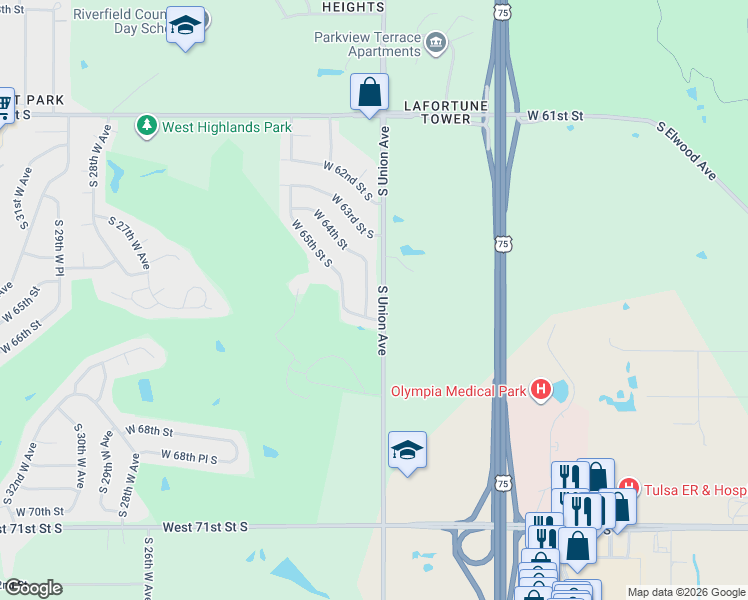 map of restaurants, bars, coffee shops, grocery stores, and more near in Tulsa