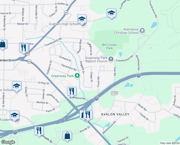 map of restaurants, bars, coffee shops, grocery stores, and more near 320 Clapp Street in Graham