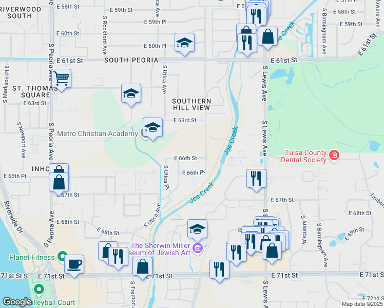 map of restaurants, bars, coffee shops, grocery stores, and more near 1825 East 66th Street in Tulsa