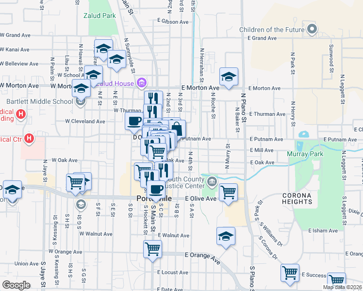 map of restaurants, bars, coffee shops, grocery stores, and more near 88 East Mill Avenue in Porterville
