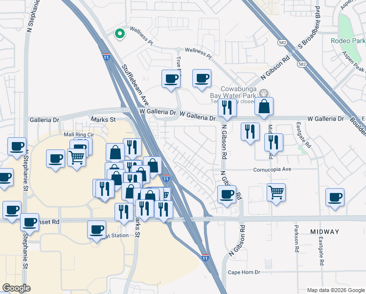 map of restaurants, bars, coffee shops, grocery stores, and more near 760 Crest Valley Place in Henderson