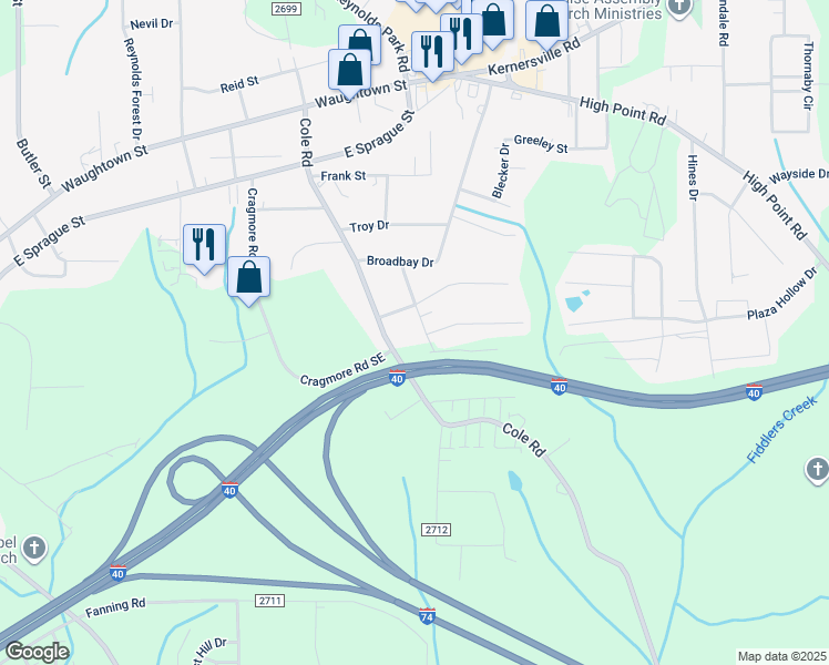 map of restaurants, bars, coffee shops, grocery stores, and more near 2508 Gardenia Road in Winston-Salem