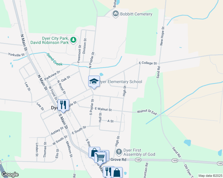 map of restaurants, bars, coffee shops, grocery stores, and more near 127 Peach St in Dyer