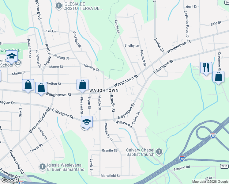 map of restaurants, bars, coffee shops, grocery stores, and more near 1708 Waughtown Street in Winston-Salem