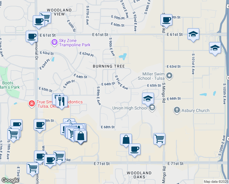 map of restaurants, bars, coffee shops, grocery stores, and more near 9040 East 65th Street in Tulsa