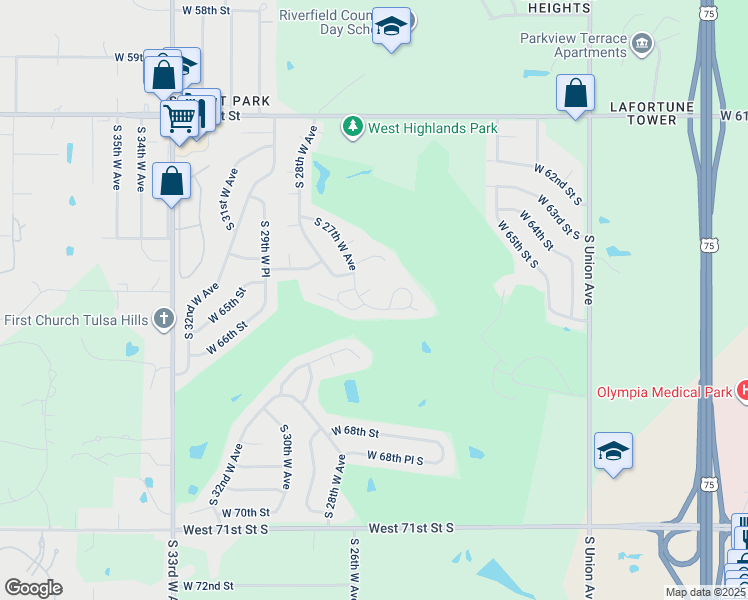 map of restaurants, bars, coffee shops, grocery stores, and more near 4912 West 66th Place in Tulsa