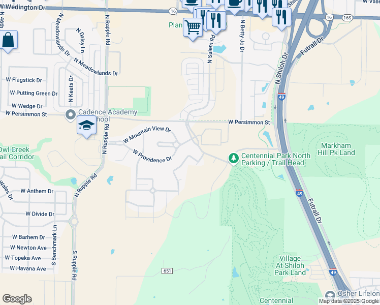 map of restaurants, bars, coffee shops, grocery stores, and more near 381 North Ainsley Loop in Fayetteville