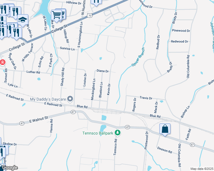 map of restaurants, bars, coffee shops, grocery stores, and more near 310 Kevin Drive in Dickson