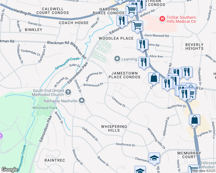 map of restaurants, bars, coffee shops, grocery stores, and more near 600 Whispering Hills Drive in Nashville