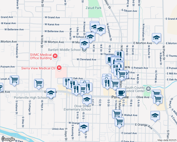 map of restaurants, bars, coffee shops, grocery stores, and more near 245 West Cherry Avenue in Porterville
