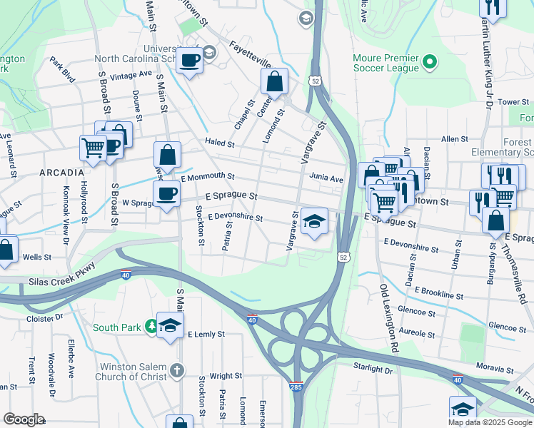 map of restaurants, bars, coffee shops, grocery stores, and more near 317 E Devonshire St in Winston-Salem