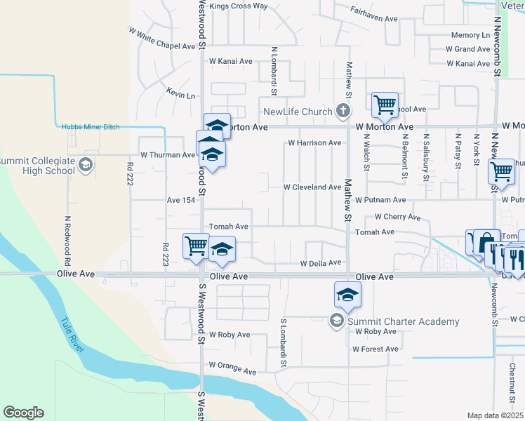 map of restaurants, bars, coffee shops, grocery stores, and more near 181 North Red Oak Drive in Porterville