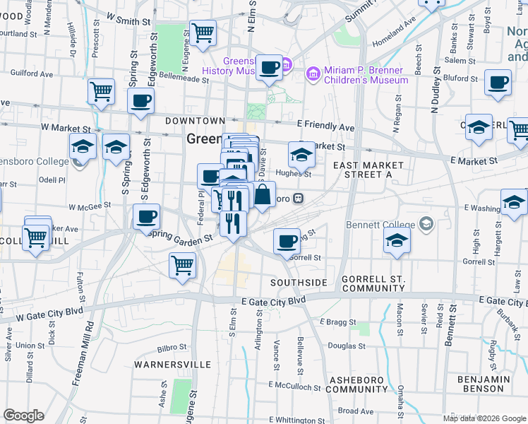 map of restaurants, bars, coffee shops, grocery stores, and more near 350 South Davie Street in Greensboro