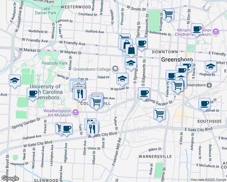 map of restaurants, bars, coffee shops, grocery stores, and more near 905 West McGee Street in Greensboro
