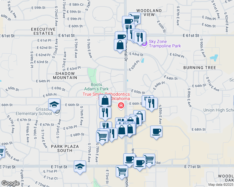 map of restaurants, bars, coffee shops, grocery stores, and more near 6512 South Memorial Drive in Tulsa
