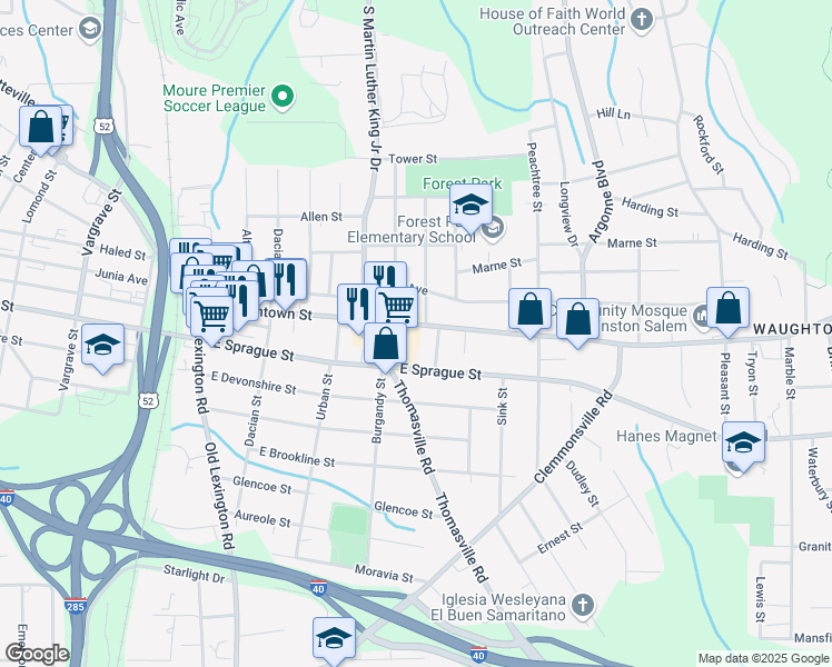 map of restaurants, bars, coffee shops, grocery stores, and more near 1024 Waughtown Street in Winston-Salem