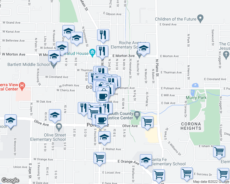 map of restaurants, bars, coffee shops, grocery stores, and more near 88 East Mill Avenue in Porterville