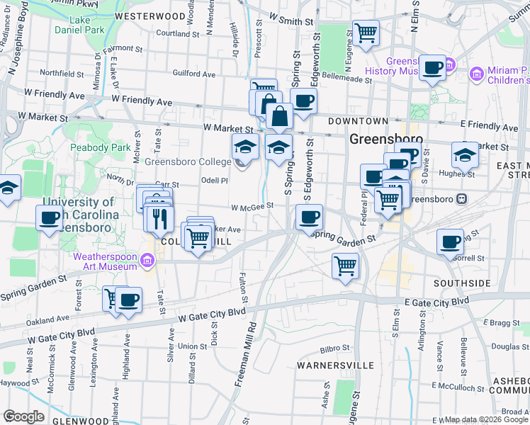 map of restaurants, bars, coffee shops, grocery stores, and more near 801 West McGee Street in Greensboro
