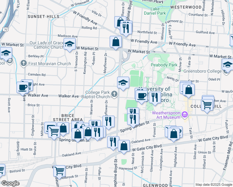 map of restaurants, bars, coffee shops, grocery stores, and more near 410 South Josephine Boyd Street in Greensboro