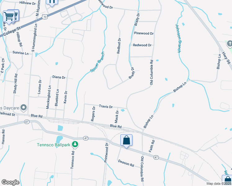 map of restaurants, bars, coffee shops, grocery stores, and more near 307 Brady Drive in Dickson