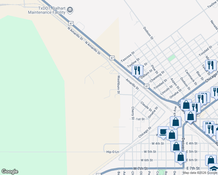 map of restaurants, bars, coffee shops, grocery stores, and more near 300 Dallam Street in Dalhart