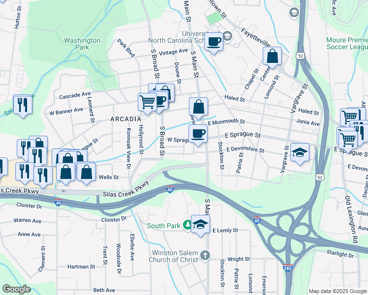 map of restaurants, bars, coffee shops, grocery stores, and more near 2306 Hardiman Place Court in Winston-Salem