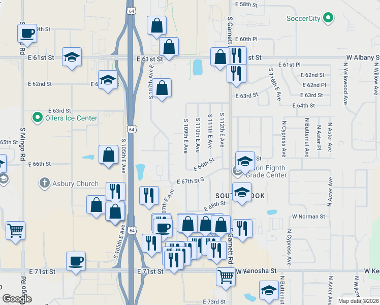 map of restaurants, bars, coffee shops, grocery stores, and more near 6541 South 109th East Avenue in Tulsa