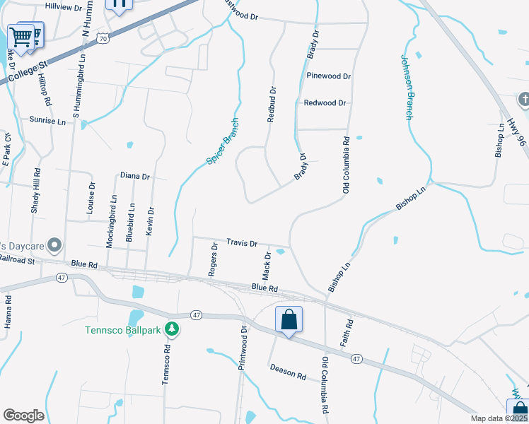 map of restaurants, bars, coffee shops, grocery stores, and more near 307 Brady Drive in Dickson